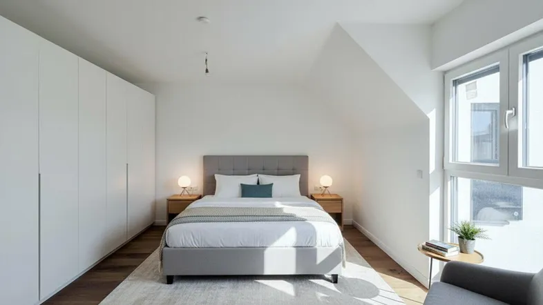 Helles Schlafzimmer mit Holzboden, großen Fenstern und Einbauschränken unter der Dachschräge.