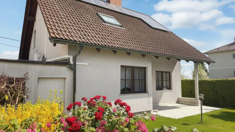 Blühender Gartenbereich neben dem Haus mit Solaranlage auf dem Dach und grüner Hecke.