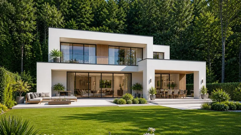 Moderne Villa mit weitläufigem Garten, großer Terrasse und umgeben von Wald.