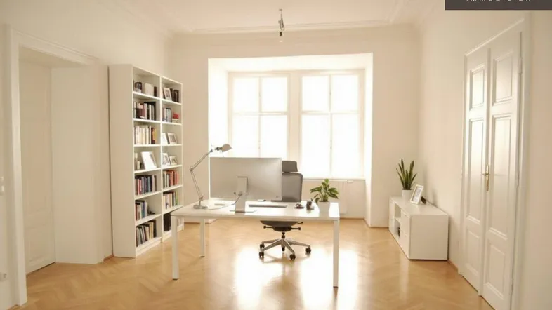 Helles und geräumiges Büro mit hohen Decken, Fischgrätparkett und großen Fenstern, die viel Tageslicht hereinlassen.