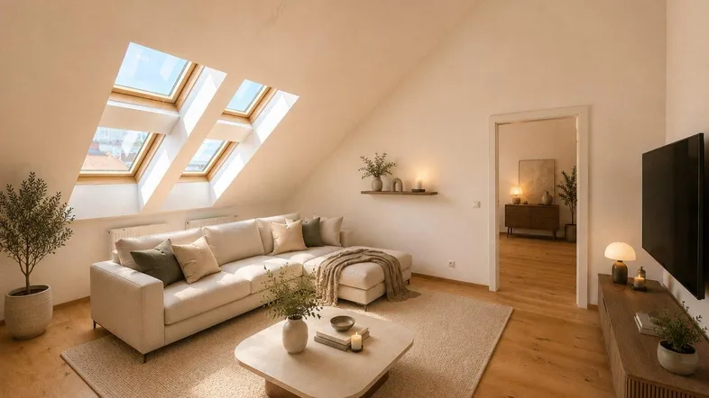 Helles Wohnzimmer mit Dachschrägen, großen Dachfenstern und modernem Mobiliar.