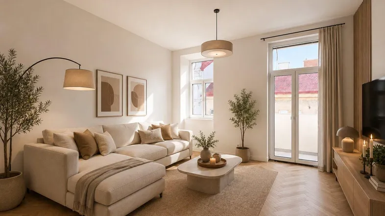 Helles Wohnzimmer mit modernem Sofa, Fischgrätparkett und Zugang zu einem Balkon.
