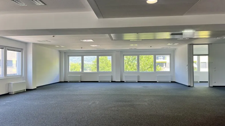 Geräumiges, leeres Büro mit Teppichboden und großen Fenstern, die viel Tageslicht hereinlassen.