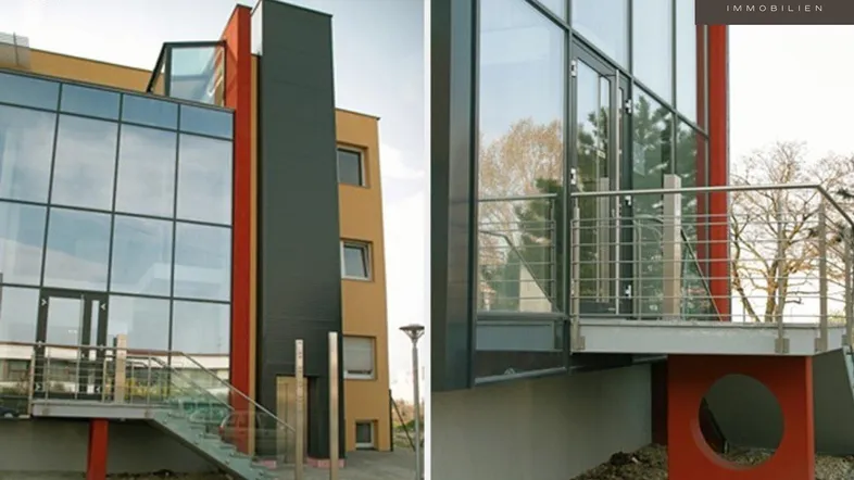 Moderne Architektur mit großer Glasfassade und farbigen Akzenten, inklusive Außentreppe.