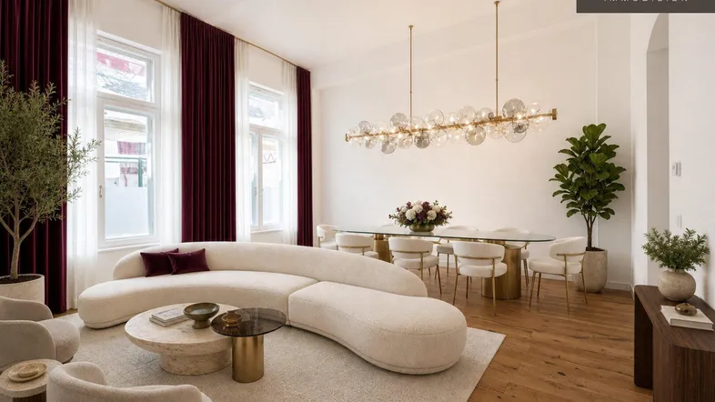Elegantes Wohn- und Esszimmer mit modernen Möbeln, Holzboden und großen Fenstern.