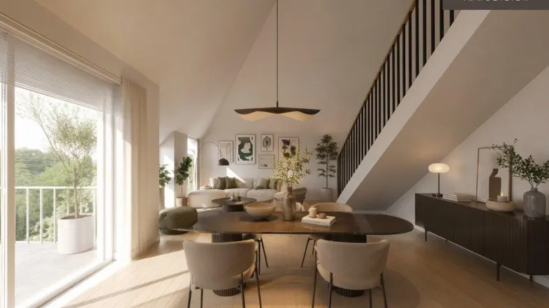 Moderner Wohn- und Essbereich mit hohen Decken, Holzboden und Zugang zu einem Balkon.