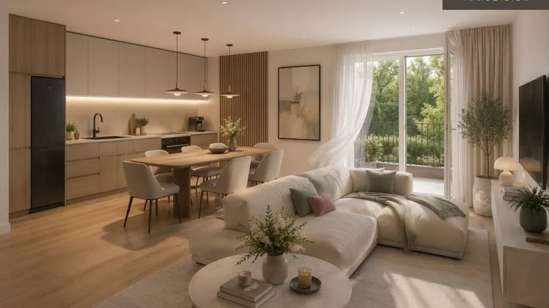 Moderner, offener Wohn- und Essbereich mit integrierter Küche und Zugang zum Balkon, hell und geräumig.