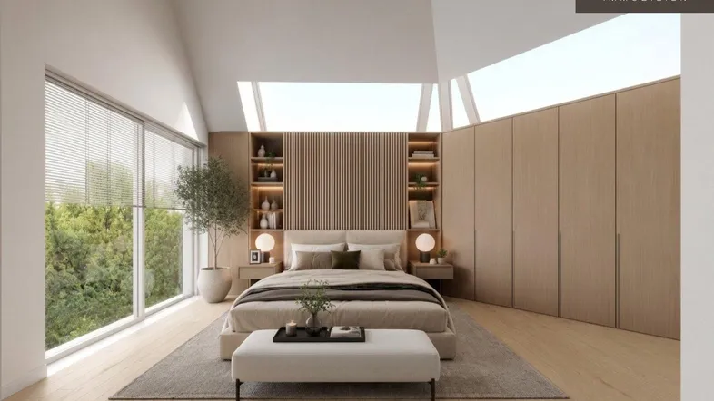 Helles Schlafzimmer mit hohen Decken, großen Fenstern, Dachfenstern und integrierten Holzschränken.