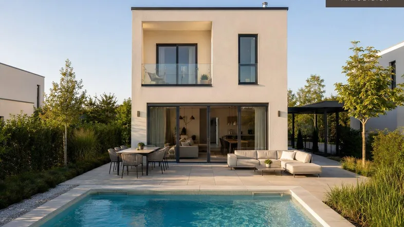 Moderne Villa mit großzügiger Terrasse, privatem Pool und Gartenbereich für entspannte Stunden.