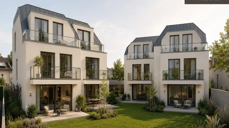 Moderne Doppelhäuser mit weißer Fassade, großen Fenstern, Balkonen und einem gepflegten Gartenbereich.