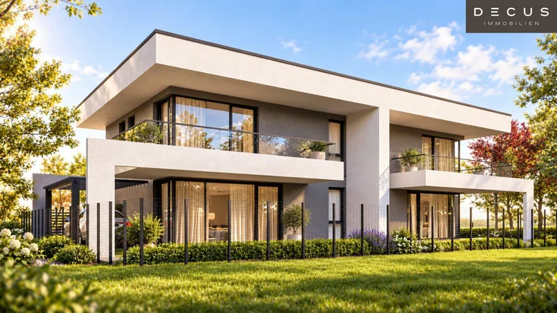 Moderne Doppelhaushälfte mit großen Glasfronten, Balkonen und gepflegtem Gartenbereich.