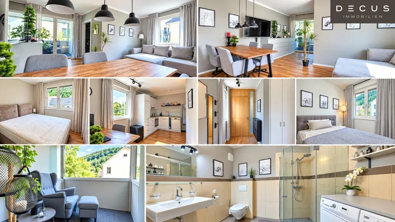 Collage verschiedener Innenräume der Wohnung, darunter Wohnzimmer, Schlafzimmer, Küche und Bad.