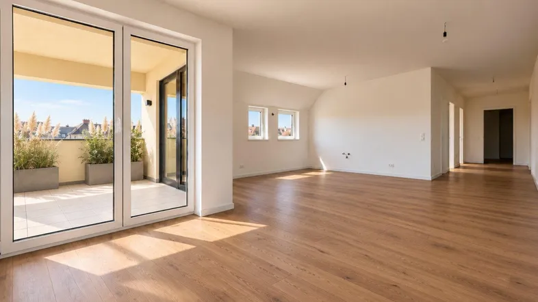 Heller, geräumiger Wohnbereich mit Holzboden und direktem Zugang zu einem Balkon.