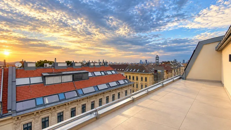Geräumige Dachterrasse mit weitem Stadtblick und beeindruckendem Sonnenuntergangshimmel über den Dächern.