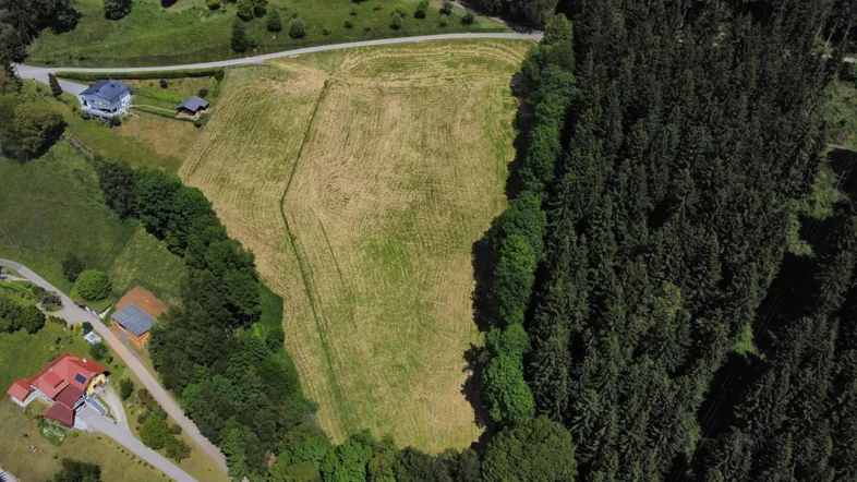 Luftaufnahme eines großen Grundstücks mit Feldern, angrenzendem Wald und einigen Häusern in der Ferne.