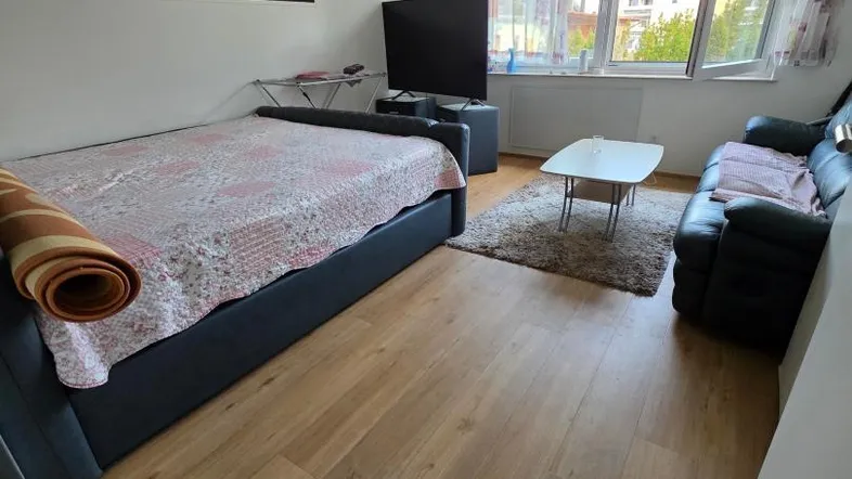 Helles Wohnzimmer mit Holzboden, einem Bett, Sofa und Blick nach draußen.