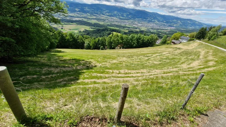 Weitläufige grüne Wiese mit Blick auf die umliegende Berglandschaft unter bewölktem Himmel.