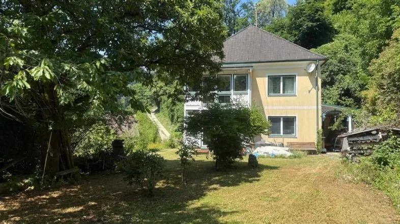 Gelbes Einfamilienhaus mit großem Garten und viel Grün in ländlicher Umgebung.