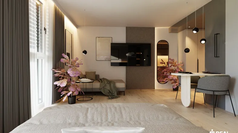 Modernes Schlafzimmer mit integriertem Wohnbereich, großen Fenstern und stilvoller Einrichtung.