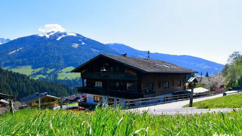 Traditionelles Holzhaus in alpiner Landschaft mit schneebedeckten Bergen im Hintergrund unter blauem Himmel.