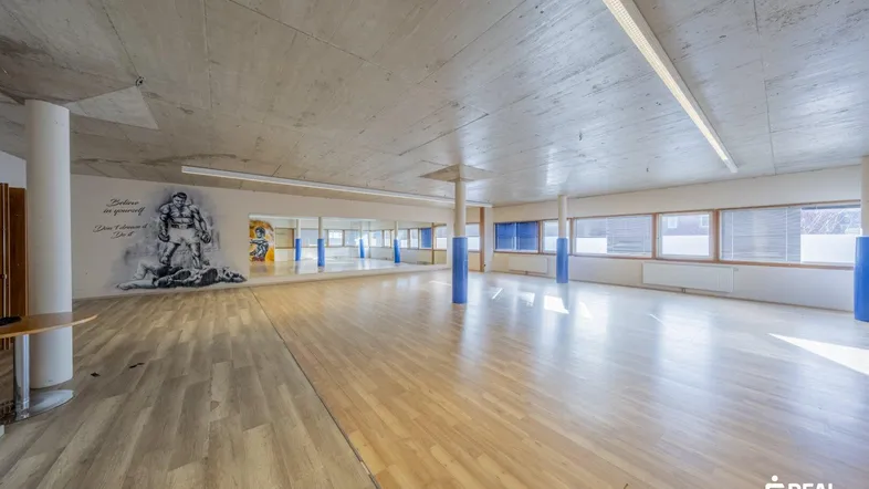 Großer, heller Raum mit Holzfußboden, Spiegelfront und Beton-Decke, ideal für Sport oder Tanz.