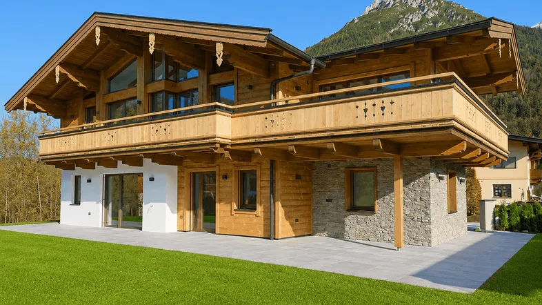 Modernes Holzchalet mit Steinelementen, weitläufigem Rasen und beeindruckendem Bergpanorama.