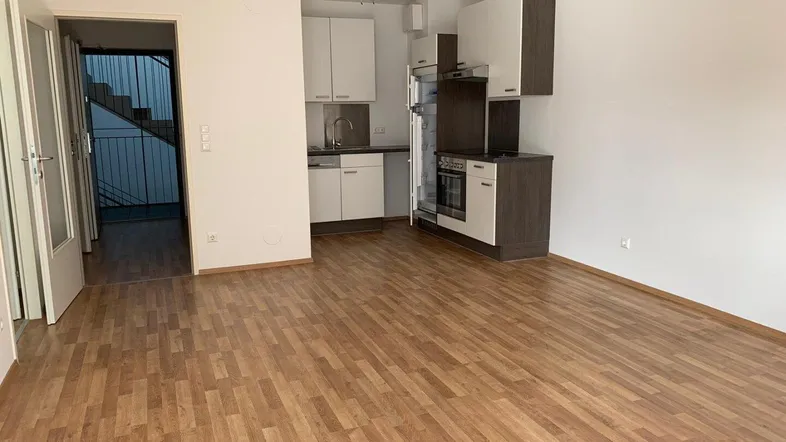 Offener Wohnbereich mit integrierter Küchenzeile und Laminatboden, führt zu einem Treppenhaus.