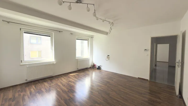 Helles Wohnzimmer mit Holzboden, weißen Wänden und zwei Fenstern, die viel Tageslicht hereinlassen.