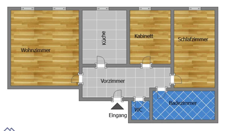 Grundriss mit Wohnzimmer, Küche, Kabinett, Schlafzimmer, Vorzimmer, WC und Badezimmer.