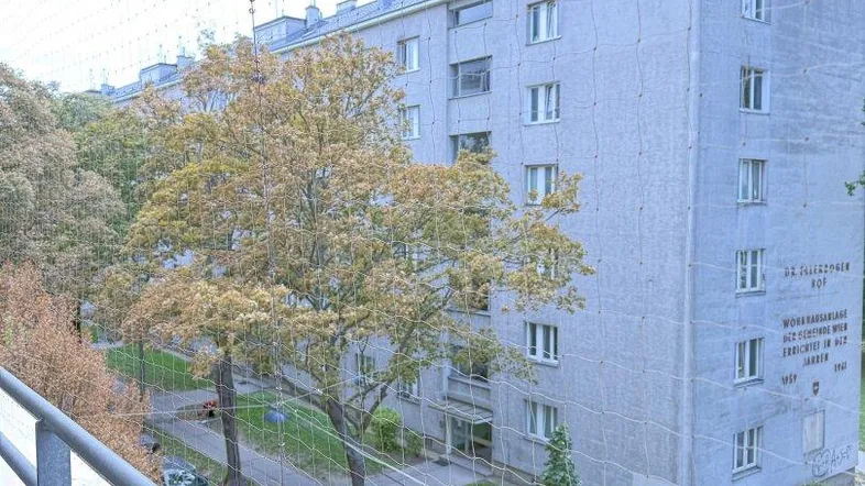 Blick von einem Balkon auf ein Wohngebäude mit Bäumen und parkenden Autos auf der Straße.