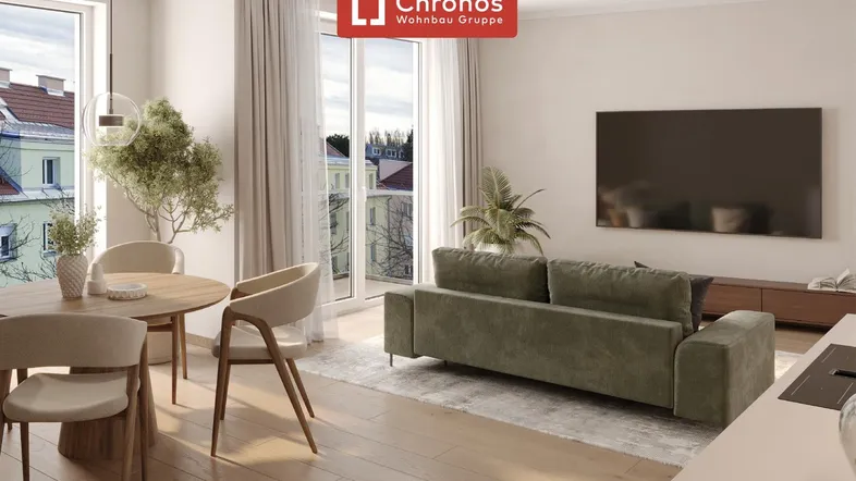 Heller offener Wohnbereich mit Essplatz, moderner Küche und Zugang zum Balkon.
