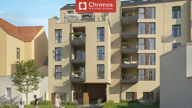 Moderne Wohnanlage mit mehreren Balkonen, Dachterrasse und begrüntem Außenbereich.