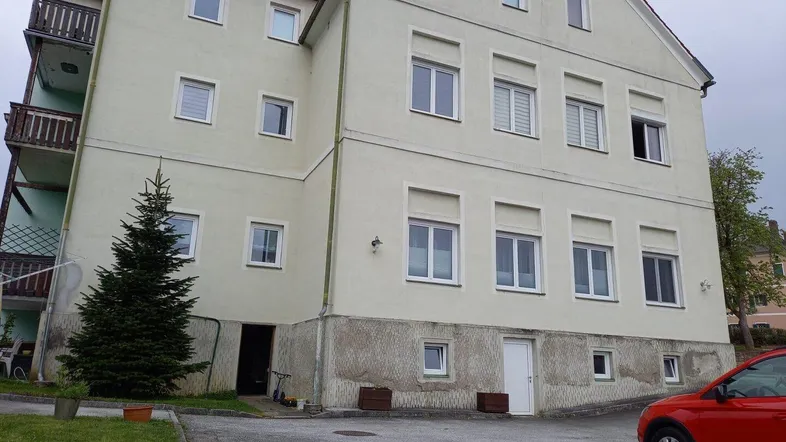 Mehrstöckiges Gebäude mit Balkonen und einem Nadelbaum im Vordergrund, umgeben von einer Zufahrt.