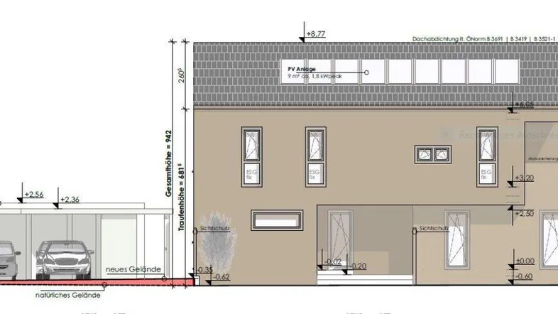 Architektonische Ansicht der Westseite des Gebäudes mit Carport und Dachgestaltung.