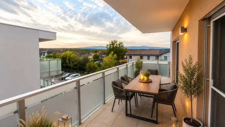Geräumiger Balkon mit Sitzgelegenheiten und weitem Blick auf die Landschaft und Berge.