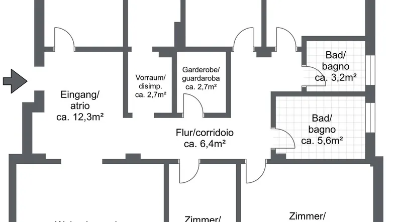 Grundriss mit mehreren Zimmern, zwei Bädern und zwei Balkonen von ca. 14,9m² und 16,3m².