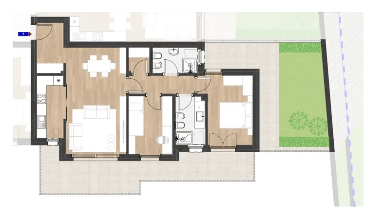 Grundriss einer Wohnung mit offenem Wohnbereich, zwei Bädern und Zugang zu Terrasse und Garten.