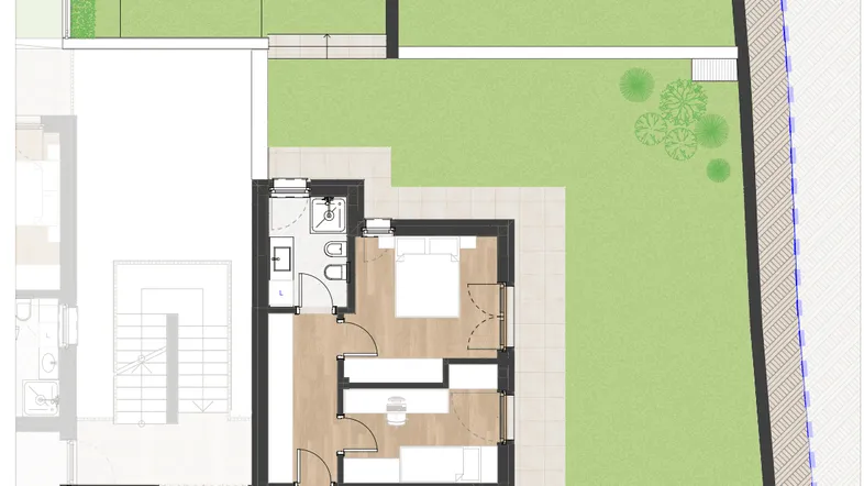 Grundriss einer Erdgeschosswohnung mit Garten, Schlafzimmer, Bad und offenem Wohnbereich.