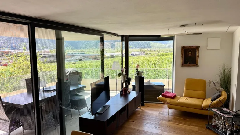Geräumiger Wohn- und Essbereich mit Holzboden und Panoramablick auf die umliegenden Weinberge.