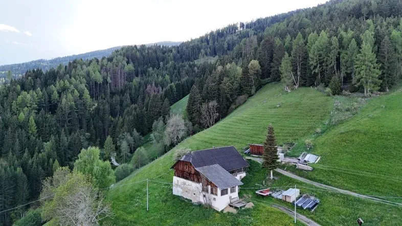 Ländliches Anwesen mit traditionellen Gebäuden eingebettet in eine grüne Hügellandschaft mit Wald.