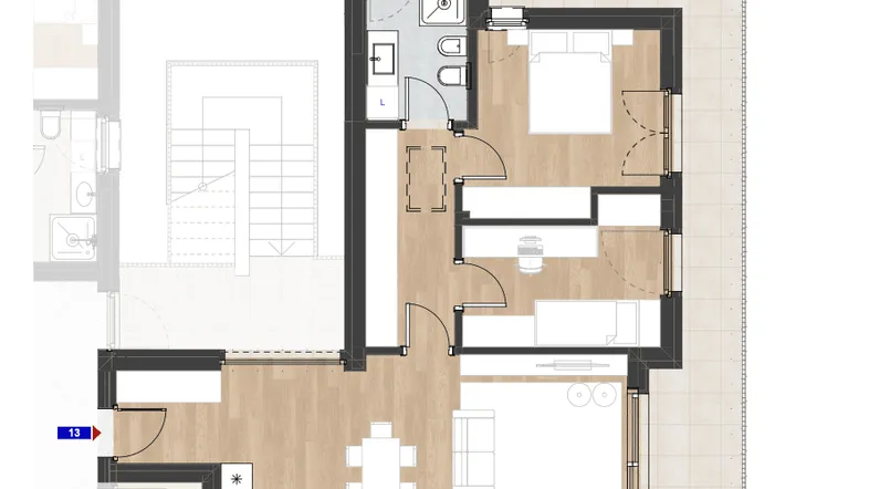Grundriss einer modernen Wohnung mit offenem Wohnbereich, Schlafzimmer und großem Balkon.