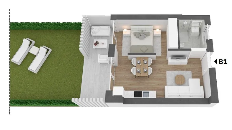 Detaillierter 3D-Grundriss einer modernen Wohnung mit Schlafzimmer, Wohnbereich und Garten.