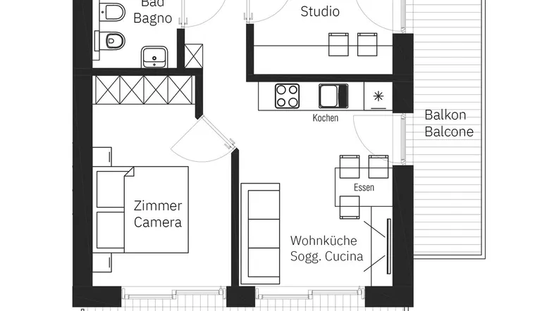 Grundriss der Wohnung A6 mit Schlafzimmer, Bad, Wohnküche und zwei Balkonen.
