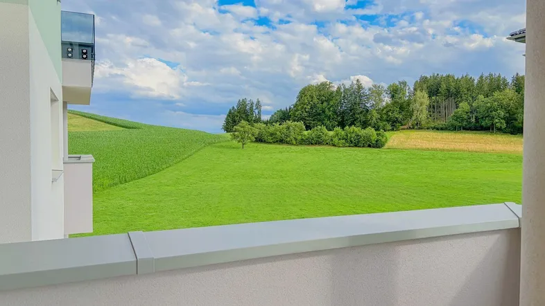 Blick von einem Balkon auf weite grüne Felder und bewaldete Hügel unter einem bewölkten Himmel.