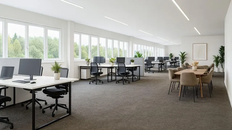 Moderner Großraumbüro mit zahlreichen Arbeitsplätzen, Besprechungsbereich und großen Fenstern mit Blick ins Grüne.
