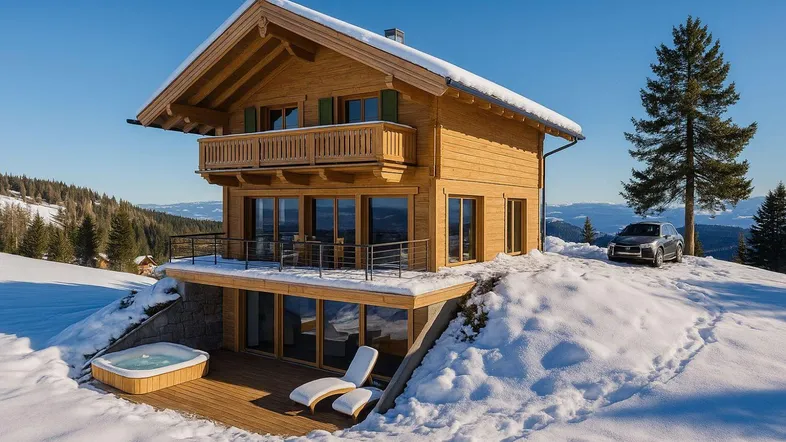 Charmantes Holzchalet im Schnee mit Hot Tub auf der Terrasse und Bergblick.