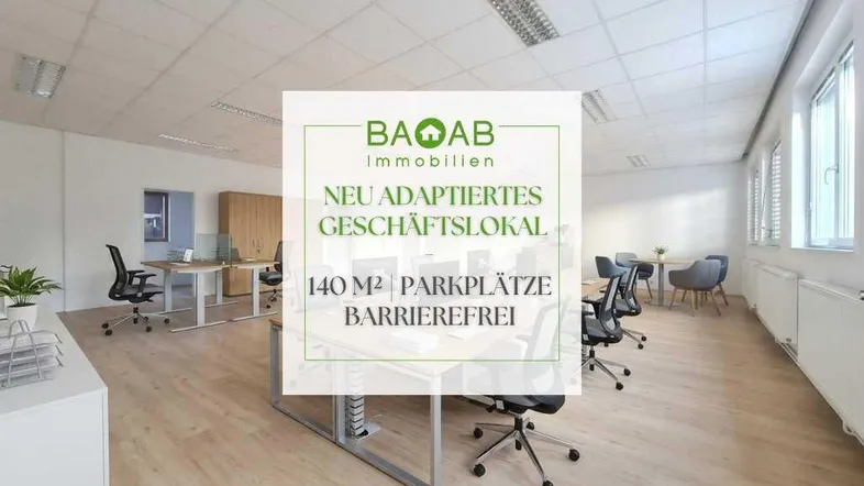 Großes, neu adaptiertes Geschäftslokal mit modernen Büromöbeln und viel Tageslicht, ideal für Unternehmen.