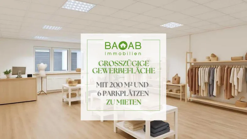 Großzügige Gewerbefläche mit moderner Einrichtung und hellen Holzböden, ideal für Einzelhandel oder Büro.