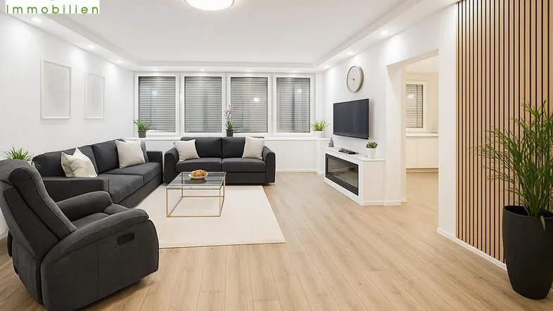 Modernes Wohnzimmer mit bequemer Sitzecke, Holzboden und integriertem Fernseher.