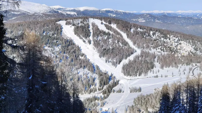 Panoramablick auf ein verschneites Skigebiet mit Pisten, Wäldern und majestätischen Bergen.
